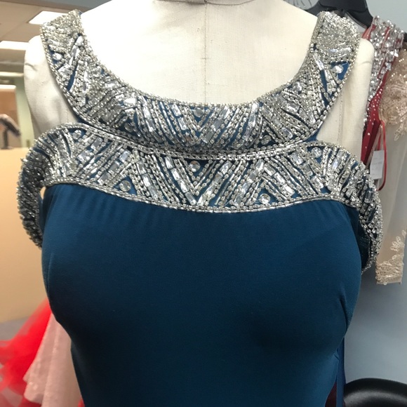 Peacock Blue off the shoulder beaded gown 18021 - Picture 2 of 6